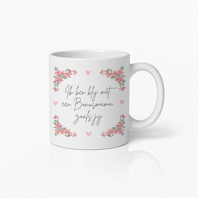 Bonusmama Mok 330ml – “Ik ben blij met een Bonusmama zoals jij” – Prachtige Bloemen Koffiebeker Cadeau voor Stiefmoeders