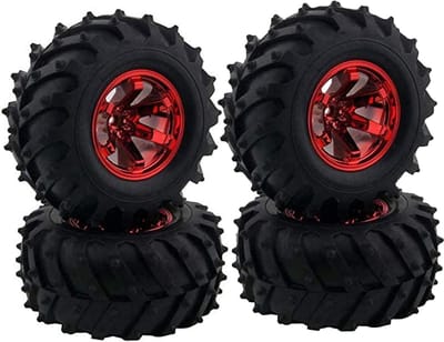 4 Stuks 125mm Rubber Banden en Plastic 6-Spaken Wielen voor RC Monster Trucks, Geschikt voor 1/10 Crawler en Truggy, Compatibel met Traxxas, HSP, HPI en Tamiya (Rood)