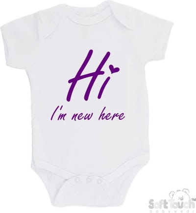 100% katoenen Romper "Hi I'm new here" Met Een Hartje Meisjes Katoen Wit/paars Maat 62/68