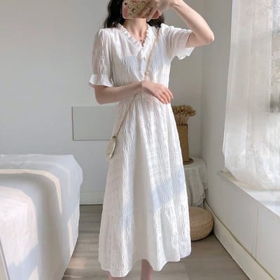 Vintage V-halsjurk Korte mouw Ademende witte jurken Zomer Nieuwe Koreaanse mode A-lijn Franse stijl Frcok Groothandel S wit