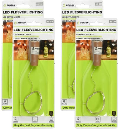 Benson LED flesverlichting - 4x - warm wit - 48 cm - 5 LED's - incl. batterij - Sfeerverlichting voor in een fles