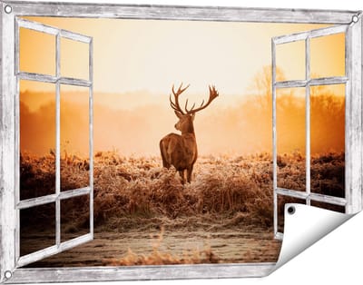 Gards Tuinposter Doorkijk Hert in de Wei tijdens de Zonsopkomst - 90x60 cm - Tuindoek - Tuindecoratie - Wanddecoratie buiten - Tuinschilderij