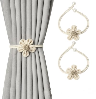 Gordijnstrikken - schattige Gordijnhouder - handgeweven gordijnstrikken met bloemenmotief - Met pingordijnstrikken - voor thuis - kantoor gordijnen -45cm（beige）-2 parens