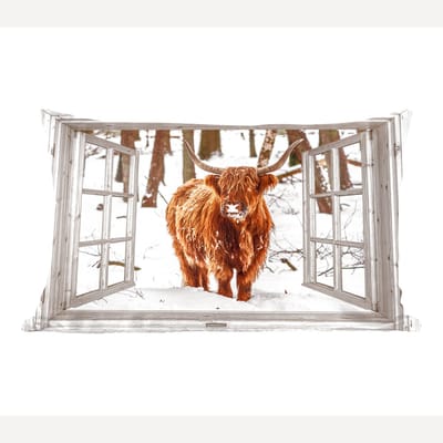 Sierkussens - Kussentjes Woonkamer - 60x40 cm - Schotse Hooglander - Sneeuw - Winter - Natuur - Dier - Doorkijk - Landelijk
