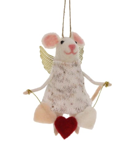 Muis met gouden vleugels en harten slinger vilt 10x5x12cm