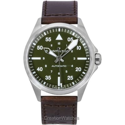 Hamilton Khaki Aviation Pilot Leren Band Groene Wijzerplaat Automatisch H76305560 100M Herenhorloge groen