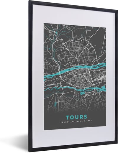 Fotolijst incl. Poster - Tours - Plattegrond - Frankrijk - Kaart - Stadskaart - 40x60 cm - Posterlijst