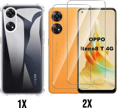 Casemania Hoesje Geschikt voor Oppo Reno 8T Transparant & 2X Glazen Screenprotector - Anti Shock Hybrid Back Cover