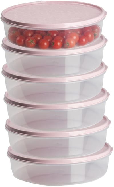 Plasticforte vershoudbakje rond - 6x stuks - 2 liter - herbruikbaar - transparant/roze - kunststof- magnetron - vriezer