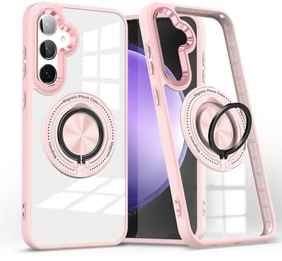 Magsafe Hoesje Geschikt voor Samsung Galaxy S23 FE hoesje Rose Goud Transparant - Met kickstand Draaibare Ring Houder