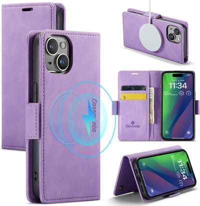 Casemania Hoesje Geschikt voor Apple iPhone 15 Bright Lila - Portemonnee Book Case - Geschikt voor MagSafe