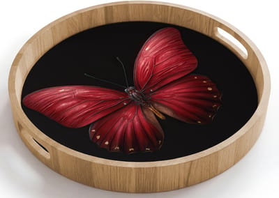 Dienblad rond 40x40 cm - Schootdienblad hout - Vlinder - Rood - Minimalistisch - Borrelplank rechthoek - Plateau houten dienbladen