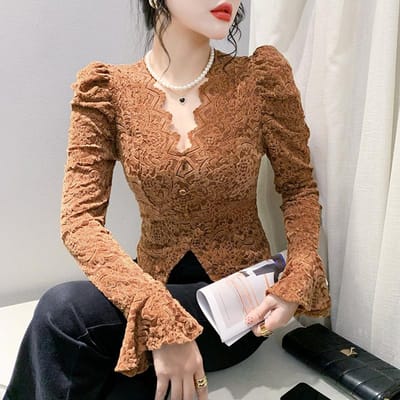 Winter Temperament Pofmouw V-hals Kant Blouse met Borstvulling Lange Mouw T-shirt Dames Kort Slim en Veelzijdig Basis T-shirt 2XL bruin