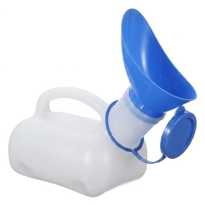 Blauw wit draagbaar camping toilet unisex kunststof urinefles met handgreep en afsluitdop geschikt voor reizen kamperen auto gebruik en buitenactiviteiten compact draagbaar ontwerp