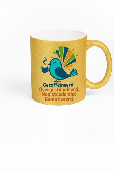 Grappige Koffiemok met Tekst 'Gecaffeïneerd, Overgestimuleerd, Nog Steeds Niet Gemotiveerd' – Retro Vogel – Glitter Mok Goud – Cadeau Collega – Keramiek 330 ml