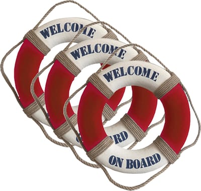 Gerkimex Reddingsboei - 3x - Welcome on board - 25 cm - rood/wit - kunststof - maritiem thema decoratie