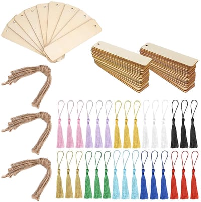 bladwijzers, bladwijzers van hout, 30 stuks houten boekenleggers, 30 kwasten en 30 henneptouw, lege rechthoekige bladwijzer, 12 x 3,2 cm