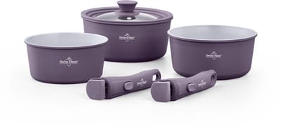 Swiss Haus® GCSP6T Steelpannenset 6-delig – Ø 16/18/20 cm – 1.4L / 1.9L / 2.7L – PFAS Vrij – Inductie & Alle Warmtebronnen – Afneembare Handgreep – Stapelbaar – Paars