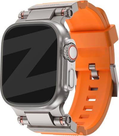 Bandz Siliconen band 'Explorer' met gespsluiting - geschikt voor Series Apple Watch 1/2/3/4/5/6/8/9/10/11/SE(2-3)/Ultra(2-3) - grote maten 44mm 45mm 46mm 49mm (oranje met titanium connectors)