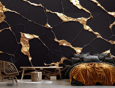 Fotobehang - Vliesbehang - Marmer - Zwart - Goud - Patroon - 368 x 254 cm
