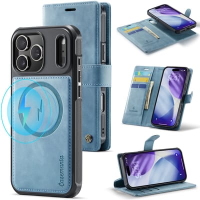 Casemania Hoesje Geschikt voor Apple iPhone 17 Pro - Aqua Blue - Geschikt voor MagSafe - Luxe Kunstleer 2 in 1 Afneembare Bookcase - Magnetische Telefoonhoesje met Pasjeshouder en Standaardfunctie