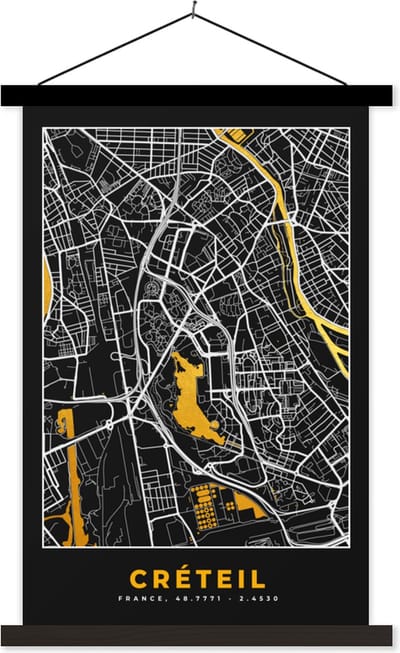 Posterhanger incl. Poster 40x60 cm - Schoolplaat - Plattegrond – Stadskaart – Créteil - Frankrijk - Kaart - Textielposter - Zwarte latten - Stadskaart