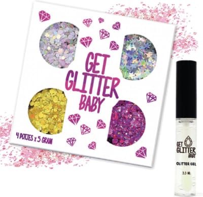 GetGlitterBaby® - 4 potjes Glitter Set Chunky Festival Glitters voor Lichaam en Gezicht Glitterset / Carnaval Face Body Glitterlijm Set / Bio Biologische Biodegradable Gel Glittergel Glitter Lijm HuidLijm Zilver / Goud / Roze