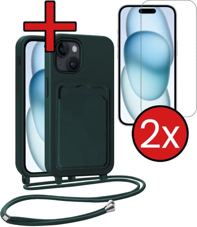 Hoesje Geschikt voor iPhone 15 Plus Hoesje Met Telefoonkoord en Pasjeshouder Met 2x Screenprotector Siliconen - Hoes Geschikt voor iPhone 15 Plus Hoesje Met Kaarthouder Case - Donkergroen