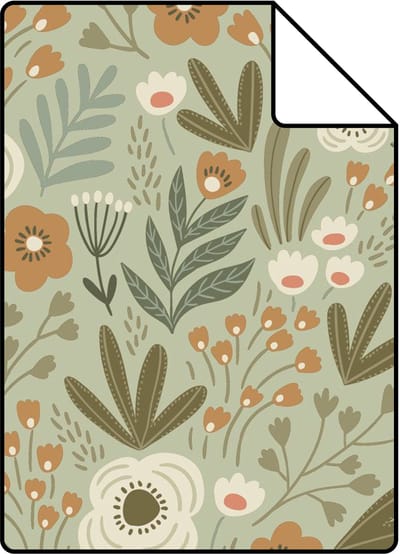 Proefstaal ESTAhome behang bloemetjes vergrijsd groen - 26.5 x 21 cm - 131070-S