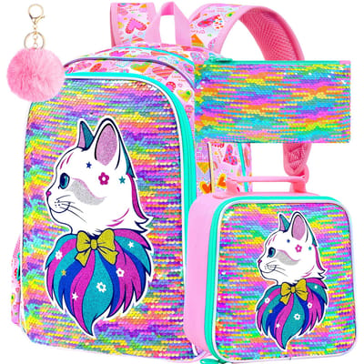 Meisjes Kat Sequin Rugzak Set - 3 STuks Regenboog Glitter Schooltas met Lunchbox & Etui voor Kinderen blue