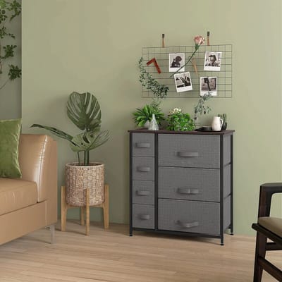 Pugsdrly Commode met 7 opvouwbare stoffen lades vlies metalen frame 63.5 x 30 x 71 cm donkergrijs