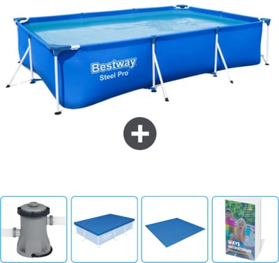 Bestway Rechthoekig Steel Pro Zwembad - 300 x 201 x 66 cm - Blauw - Inclusief Pomp - Afdekzeil - Grondzeil - Zwembadgids