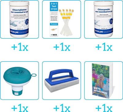 Zwembad Onderhoudspakket - Onderhoud Zwembad - bevat Chloor - Testrips - Chloor - Chloordrijver - Scrubborstel en Zwembadgids (6-delig)