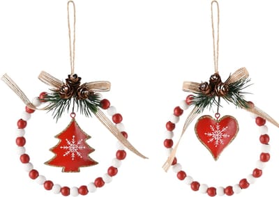 Dekoratief | Hanger ring m/boompje/hartje, wit/rood, metaal, 11x3x11cm, set van 2 stuks | A245387
