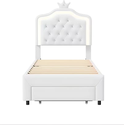 Kinderbed voor meisjes - 90x200cm - Gestoffeerd bed met 1 lade - LED-verlichting en rugleuning - Eenpersoonsbed