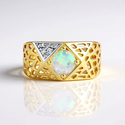 Cavill - Vergulde Zilveren Ring met AAA Welo-opaal 0,54 ct Rond - Cambodjaanse Zirkonia - Elegante Geometrische Openwerk - Multicolor Opaal Sieraad