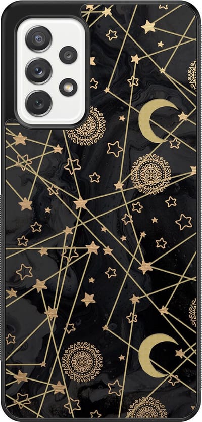 Leuke Telefoonhoesjes - Hoesje geschikt voor Samsung Galaxy A52 5G - Sterren, zon, maan - Backcover zwart - Sterren - Zwart, Goud