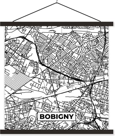 Posterhanger incl. Poster 60x60 cm - Schoolplaat - Stadskaart - Frankrijk - Bobigny - Kaart - Plattegrond - Zwart wit - Textielposter - Zwarte latten - Stadskaart