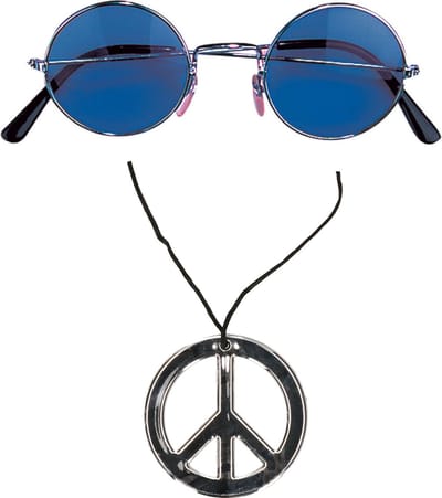 Smiffys Hippie Flower Power verkleed set - peace ketting - en ronde glazen party bril - blauw - volwassenen