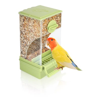 Vogelvoederbak - Vogelkooi Accessoire met Transparante Zaadhouder en Zitstok - Automatische Voederbak voor Parkiet Agapornis en Kleine Vogels - 18 x 7,5 x 8,5 cm Groen