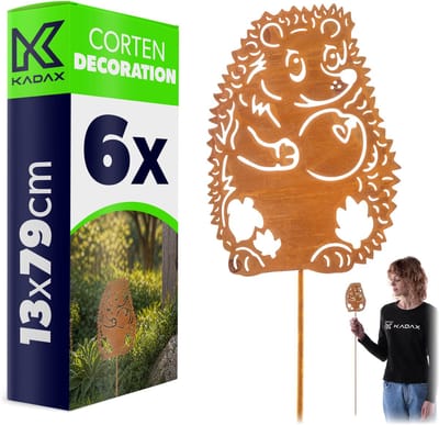 KADAX tuinplug egel van cortenstaal, 13 x 79 cm, 6 stuks, roestdecoratie voor in de tuin, roestvrijstalen tuindecoratie om in te pluggen, roestige tuindecoratie, metalen roestplug