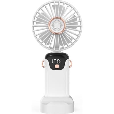 Draagbare Ventilator Mini Handheld Elektrische Ventilator met LED Scherm Batterij Indicator Ondersteuning 5 Instelbare Wind wit