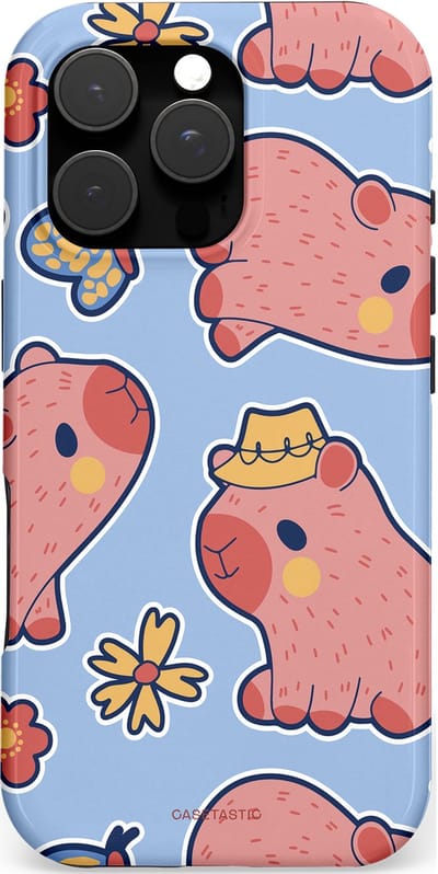 Casetastic hoesje geschikt voor Apple iPhone 16 Pro - MagSafe - Dubbellaagse bescherming - Capibara geluk - Fashion Case - Lichtblauw Perzik Grijs Koraal