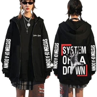System of A Down Rits Hoodie Mannen Vrouwen Rock Vintage Fleece Rits Jas Mannen 90s Alternatieve Metal Merchandise Rits Sweatshirt L zwart