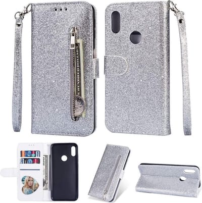 LuxeBass Hoesje geschikt voor Samsung Galaxy A11 Glitter Bookcase hoesje met rits - Zilver gsm hoesje - telefoonhoes - telefoonhoesjes