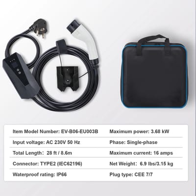 Roossentials EV-oplader - Draagbare oplader - EV-laadkabel - Met LCD scherm - Type 2 16A 3,68 kW - Elektrische voertuigen