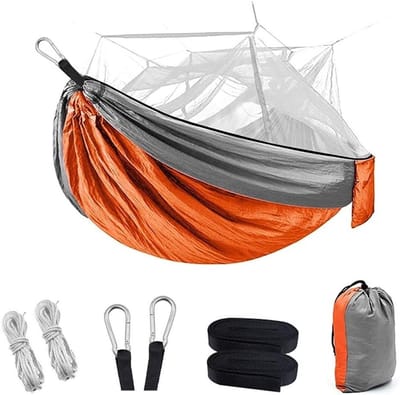 Outdoor Camping Hammock - Dubbele Parachute Hangmat - Ontspannen in de Natuur - Met Muggennet - 260x140 cm - Oranje