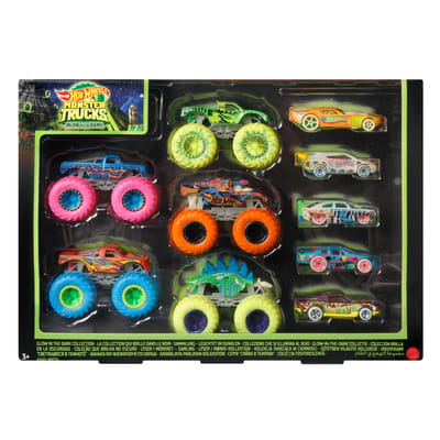 ​Hot Wheels Monster Trucks set met 10 speelgoedvoertuigen die licht geven in het donker