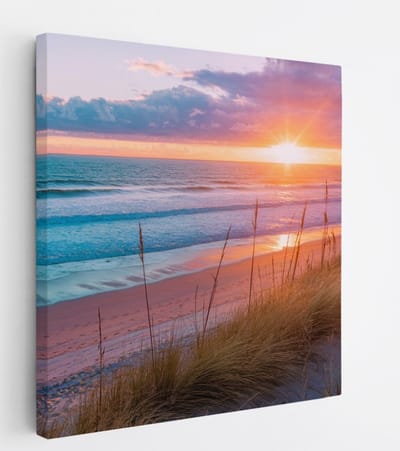 Saammp Canvas Schilderij - Zonsondergang - Strand - Zee en Duinen - 20x20 - Foto op canvas - Wanddecoratie - muurdecoratie Woonkamer - Slaapkamer decoratie - Canvas Print