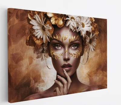 Saammp Canvas Schilderij - Vrouw met bloemen - Bruin - 30x20 - Foto op canvas - Wanddecoratie - Muurdecoratie Woonkamer - Slaapkamer decoratie - Canvas Print